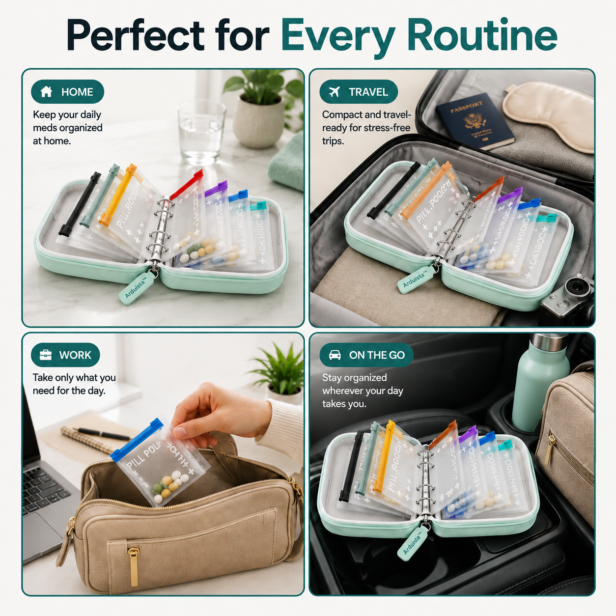 A8 Waterproof 14-Pouch Weekly Pill Organizer, Color-Coded Travel Storage for Vitamins & Supplements