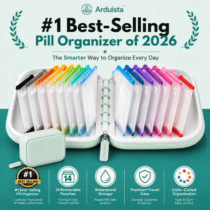 A8 Waterproof 14-Pouch Weekly Pill Organizer, Color-Coded Travel Storage for Vitamins & Supplements