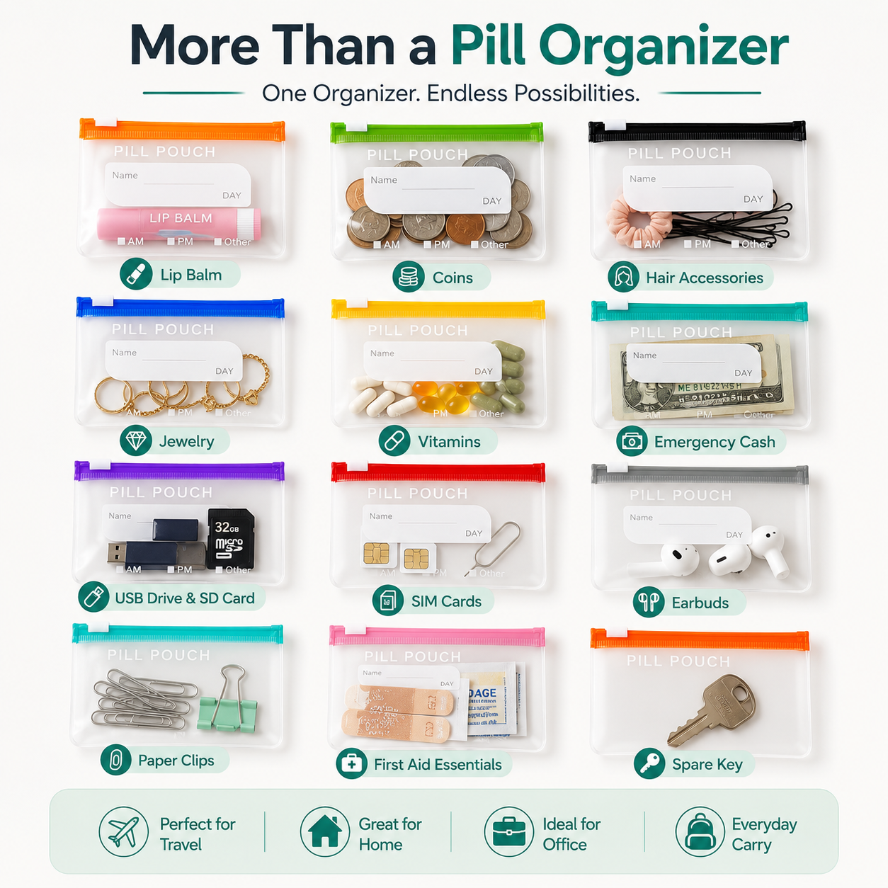 A8 Waterproof 14-Pouch Weekly Pill Organizer, Color-Coded Travel Storage for Vitamins & Supplements